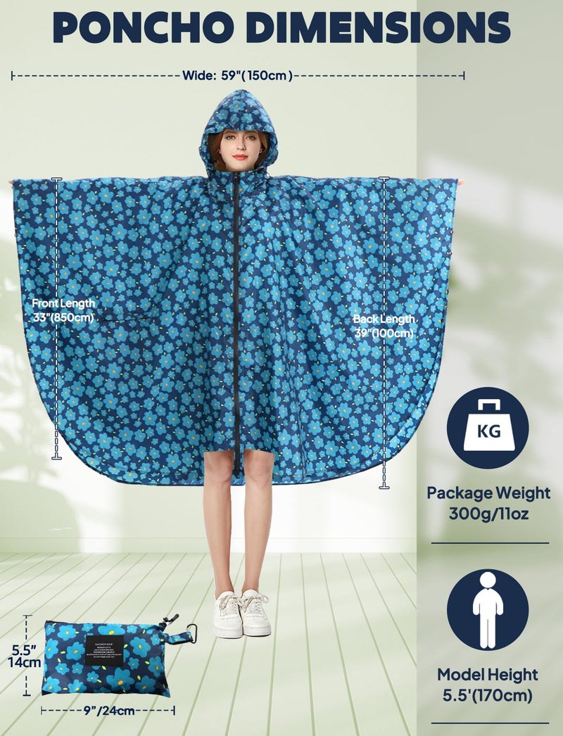 ANYOO Waterproof Rain Poncho Lightweight Reusable Hiking Hooded Coat Jacket for Outdoor Activities(Blue Flower) One Size - Image 2